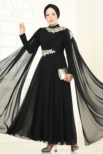 moda selvim Evening Dress 8023AB368 Black - Thumbnail
