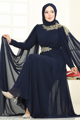 moda selvim Evening Dress 8023AB368 Navy Blue - Thumbnail