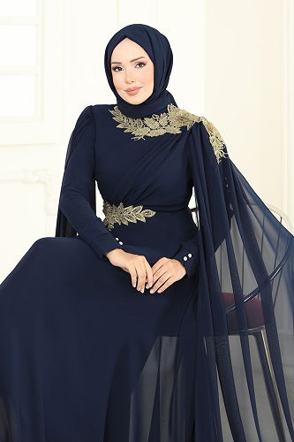 moda selvim Evening Dress 8023AB368 Navy Blue - Thumbnail