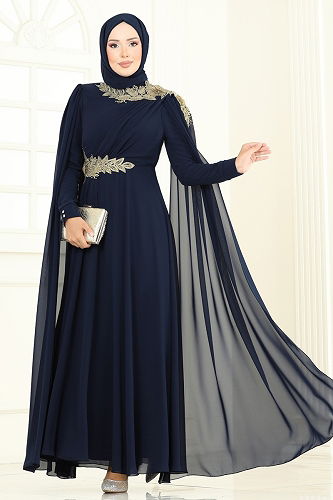 moda selvim Evening Dress 8023AB368 Navy Blue - Thumbnail