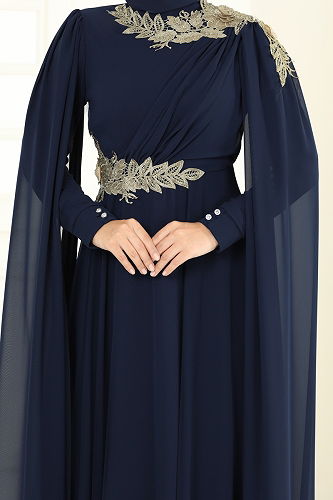 moda selvim Evening Dress 8023AB368 Navy Blue - Thumbnail
