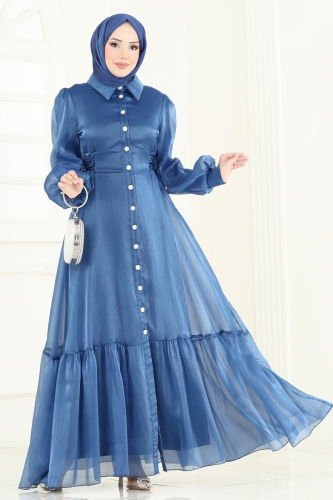 moda selvim Evening Dress 8038AB368 Indigo - Thumbnail