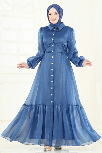 moda selvim فستان سهرة ازرق 8038AB368 - Thumbnail