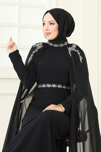 moda selvim Evening Dress 8073AB368 Black - Thumbnail