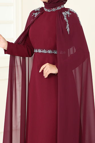 moda selvim Evening Dress 8073AB368 Burgundy - Thumbnail