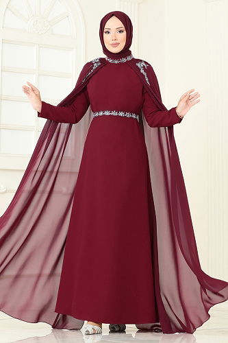 moda selvim Evening Dress 8073AB368 Burgundy - Thumbnail