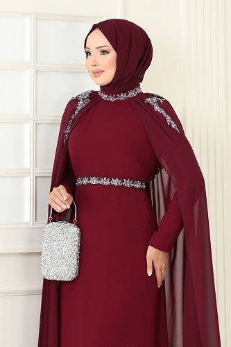 moda selvim Evening Dress 8073AB368 Burgundy - Thumbnail