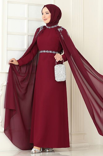 moda selvim Evening Dress 8073AB368 Burgundy - Thumbnail