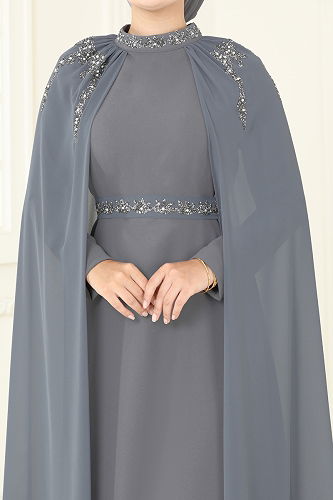 moda selvim فستان سهرة رمادي غامق 8073AB368 - Thumbnail