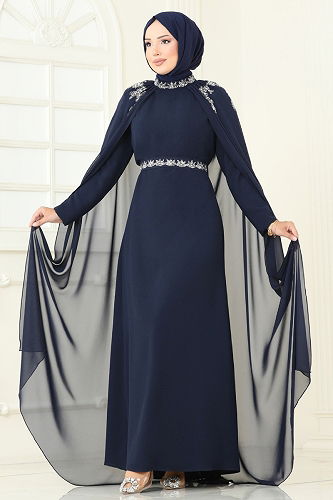 moda selvim فستان سهرة كحلي 8073AB368 - Thumbnail