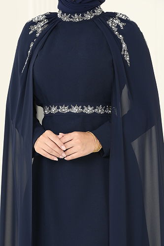 moda selvim فستان سهرة كحلي 8073AB368 - Thumbnail