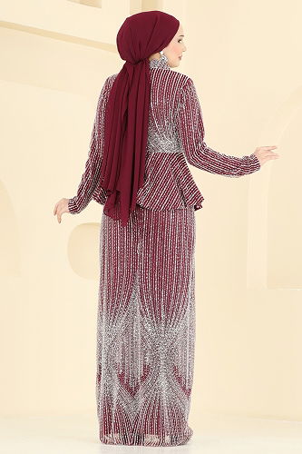 moda selvim فستان سهرة خمري 8080YG95 - Thumbnail