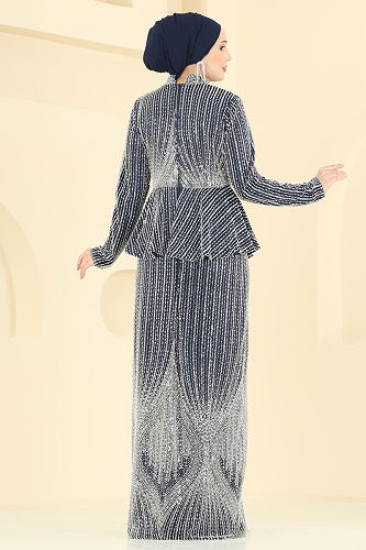 moda selvim Evening Dress 8080YG95 Navy Blue - Thumbnail