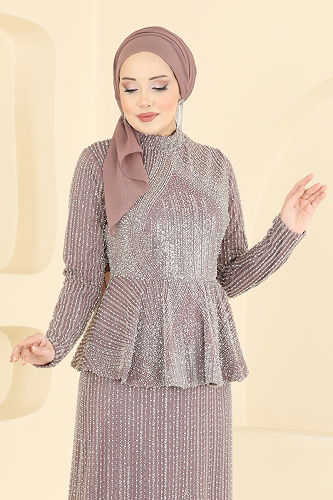 moda selvim فستان سهرة بيج وردي 8080YG95 - Thumbnail