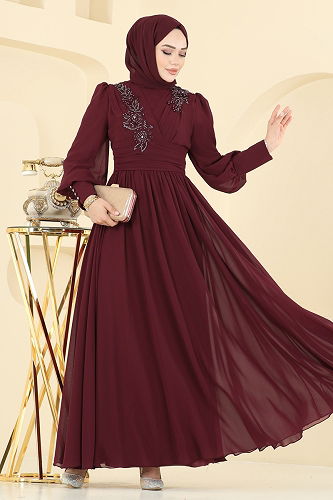 moda selvim Evening Dress 8084AB368 Burgundy - Thumbnail