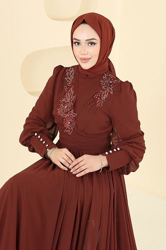 moda selvim Evening Dress 8084AB368 Copper - Thumbnail