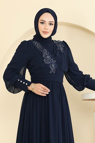 moda selvim Evening Dress 8084AB368 Navy Blue - Thumbnail