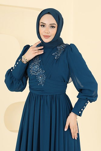 moda selvim فستان سهرة بترولي 8084AB368 - Thumbnail