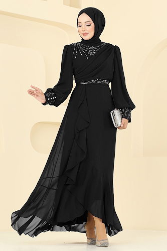 moda selvim Evening Dress 8088AB368 Black - Thumbnail