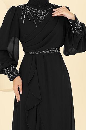 moda selvim Evening Dress 8088AB368 Black - Thumbnail