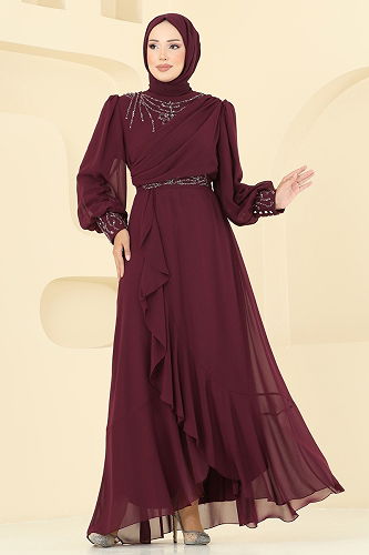 moda selvim Evening Dress 8088AB368 Burgundy - Thumbnail