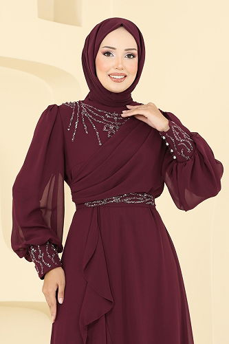 moda selvim Evening Dress 8088AB368 Burgundy - Thumbnail