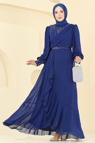 moda selvim Evening Dress 8088AB368 Navy Blue - Thumbnail