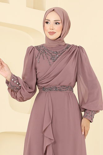 moda selvim فستان سهرة بيج وردي 8088AB368 - Thumbnail