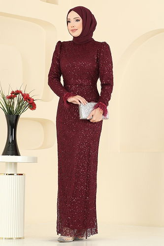 moda selvim Evening Dress 8090AB368 Burgundy - Thumbnail
