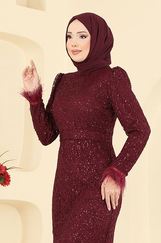 moda selvim Evening Dress 8090AB368 Burgundy - Thumbnail