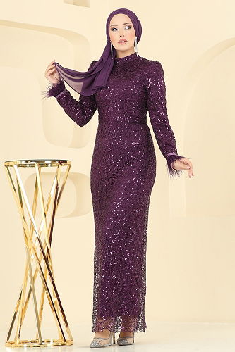 moda selvim Evening Dress 8090AB368 Damson - Thumbnail