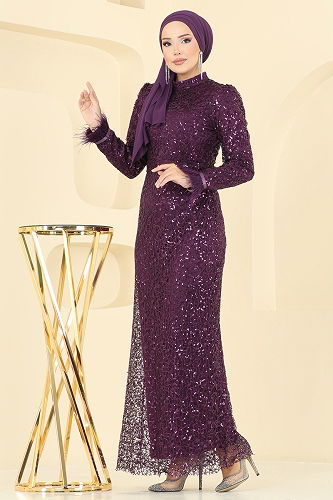 moda selvim Evening Dress 8090AB368 Damson - Thumbnail