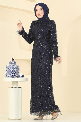 moda selvim Evening Dress 8090AB368 Navy Blue - Thumbnail