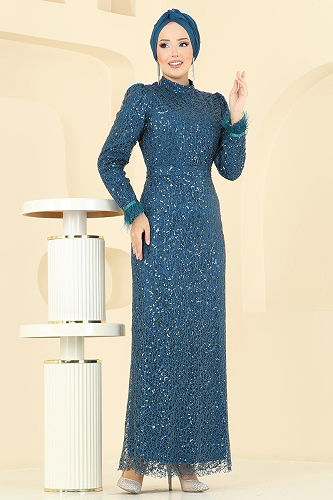 moda selvim Evening Dress 8090AB368 Petroleum - Thumbnail