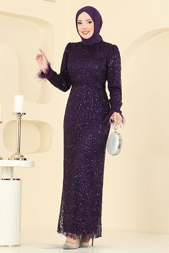 moda selvim Evening Dress 8090AB368 Purple - Thumbnail