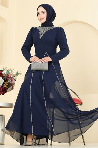 moda selvim Evening Dress 8106AB368 Navy Blue - Thumbnail