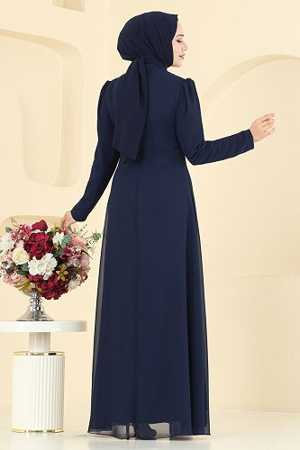 moda selvim Evening Dress 8106AB368 Navy Blue - Thumbnail