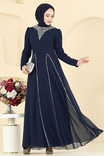 moda selvim فستان سهرة كحلي 8106AB368 - Thumbnail