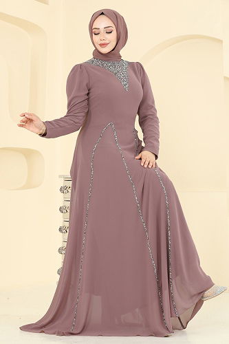 moda selvim فستان سهرة بيج وردي 8106AB368 - Thumbnail