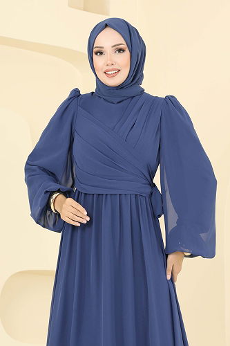 moda selvim Evening Dress 8110AB368 Indigo - Thumbnail