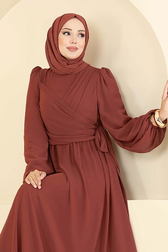 moda selvim فستان سهرة قرميدي 8110AB368 - Thumbnail