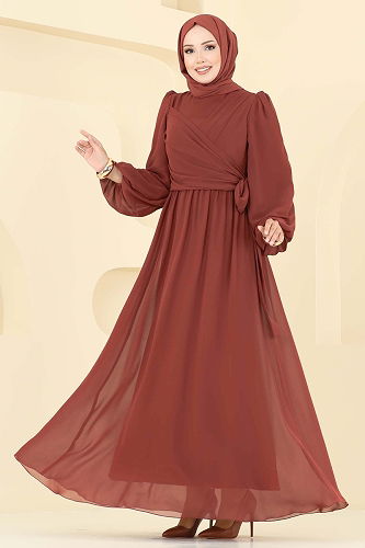 moda selvim فستان سهرة قرميدي 8110AB368 - Thumbnail