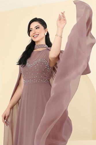 moda selvim فستان سهرة بيج وردي 8112AB368 - Thumbnail