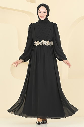 moda selvim Evening Dress 8115AB368 Black - Thumbnail