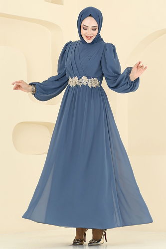 moda selvim Evening Dress 8115AB368 Indigo - Thumbnail