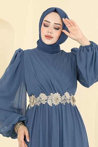 moda selvim Evening Dress 8115AB368 Indigo - Thumbnail