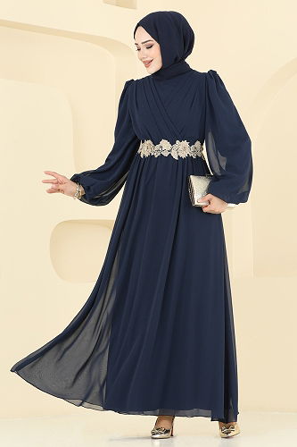 moda selvim Evening Dress 8115AB368 Navy Blue - Thumbnail