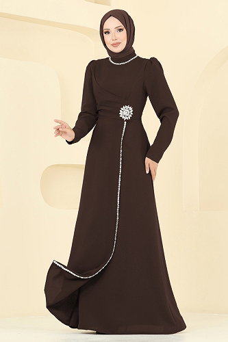 moda selvim فستان سهرة بني غامق 8116ABK1075 - Thumbnail