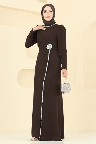 moda selvim فستان سهرة بني غامق 8116ABK1075 - Thumbnail