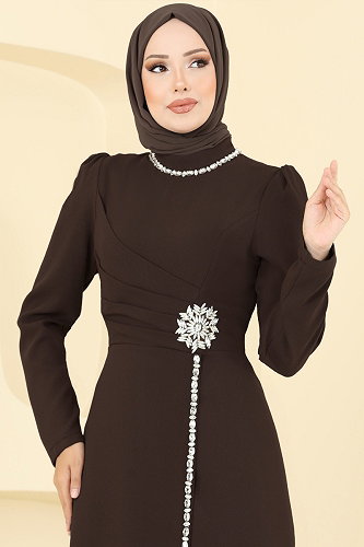 moda selvim فستان سهرة بني غامق 8116ABK1075 - Thumbnail